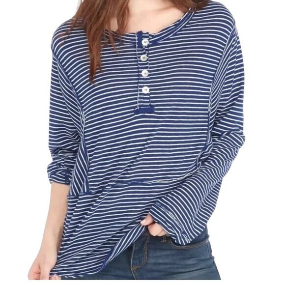 We The Free Tops - We The Free Henley Top Size Large Striped Long Sleeve Blue White Comfy Nautical